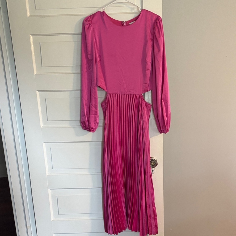 Adelyn Rae Fuchsia Long Sleeve Pleated Satin like Dress